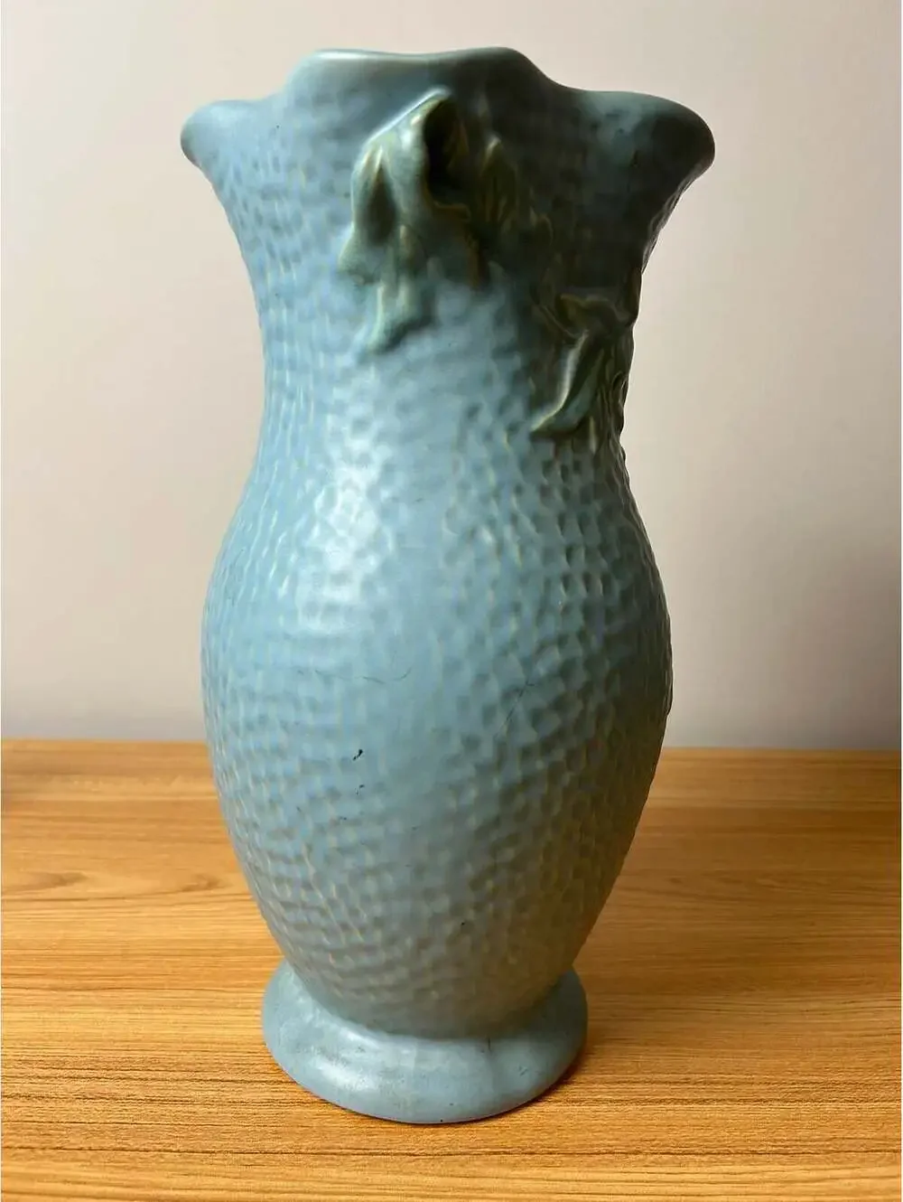 Weller Delsa Art Pottery Blue Dimpled Yellow Flower 13